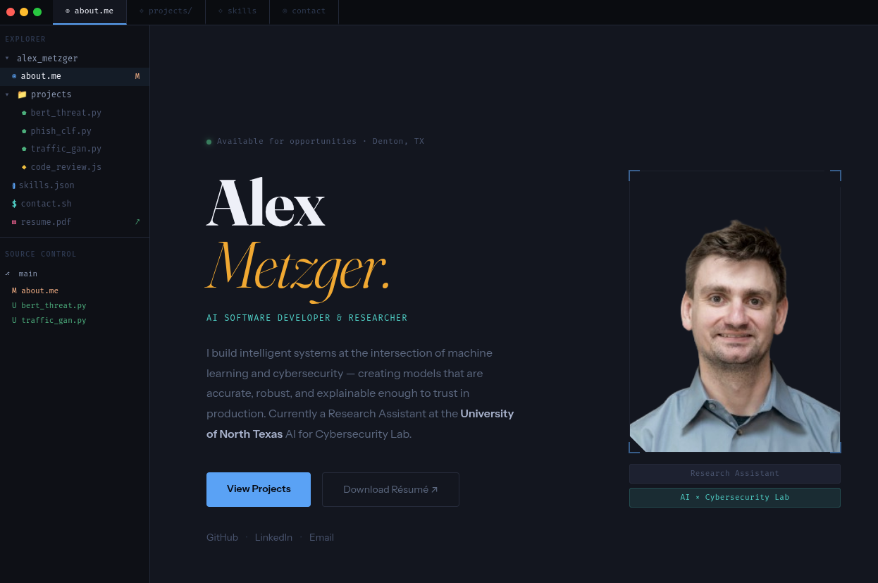 Alex Metzger AI ML engineer portfolio website Dallas TX