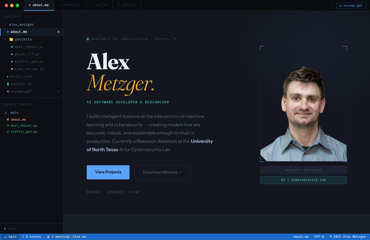 Alex Metzger AI/ML portfolio website built by The Domain Designers